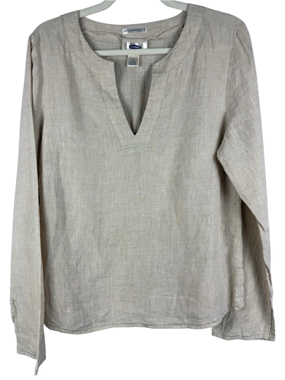 Old Navy 100% Linen V-Neck Split Cuffs Tunic Top Beige Medium